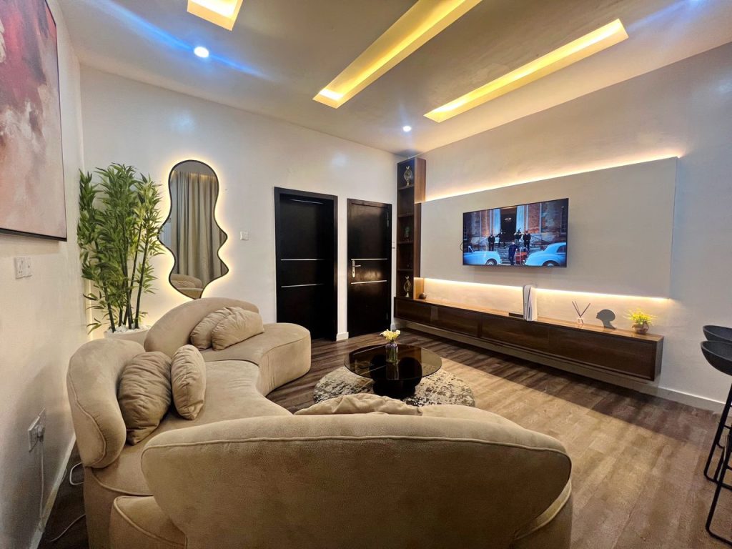 Modern luxury living room with high-end furniture in a Lagos shortlet apartment.